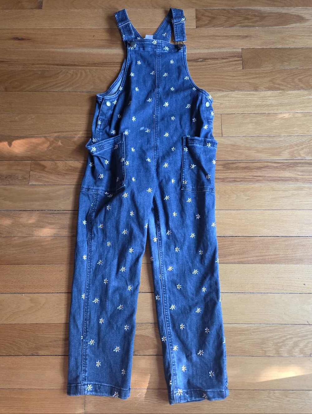 Hanna Andersson Blue Denim Overalls with White Daisy Embroidery